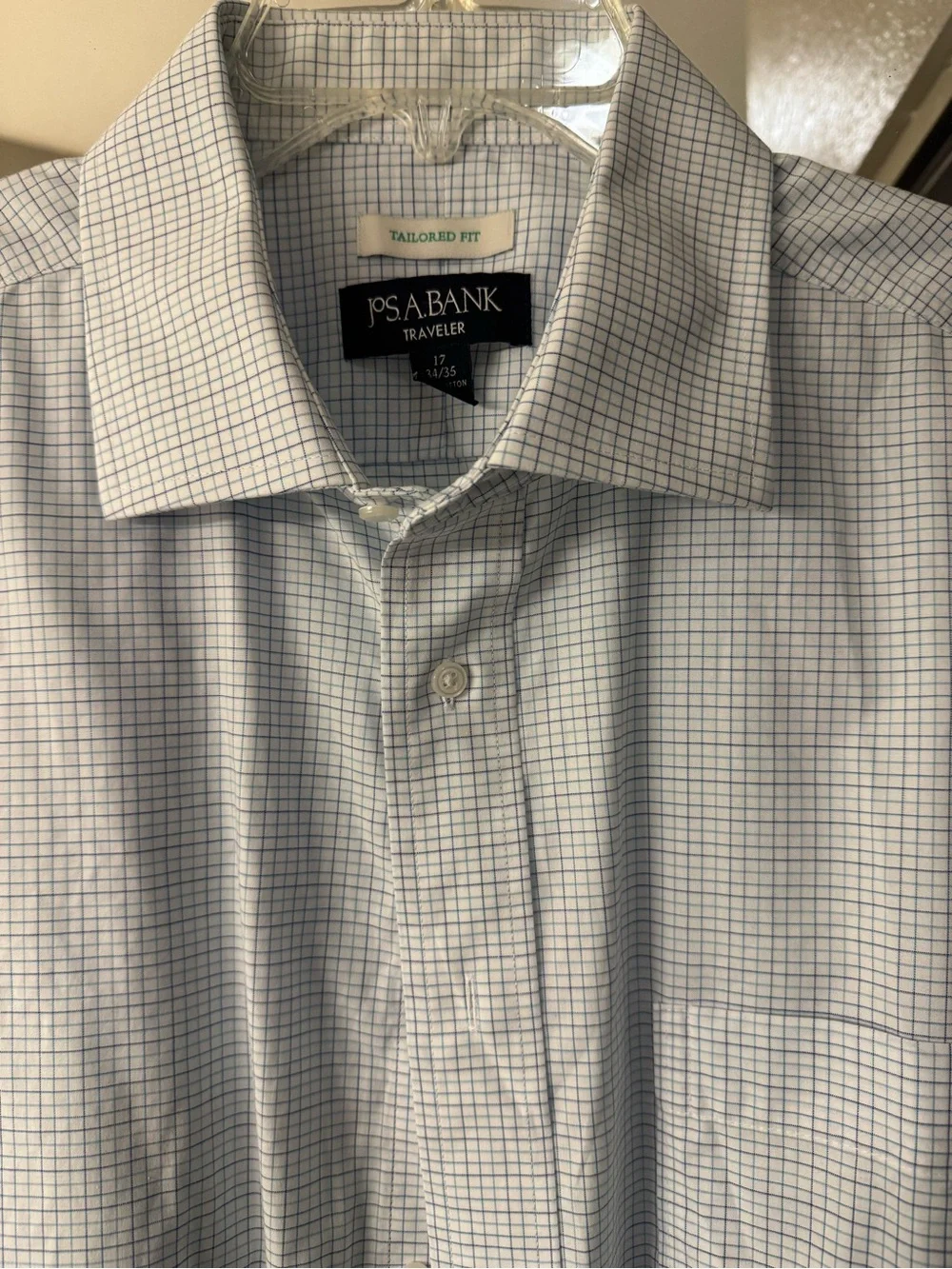 Jos. A. Bank Tailored Fit White Shirt with Blue Windowpane Check